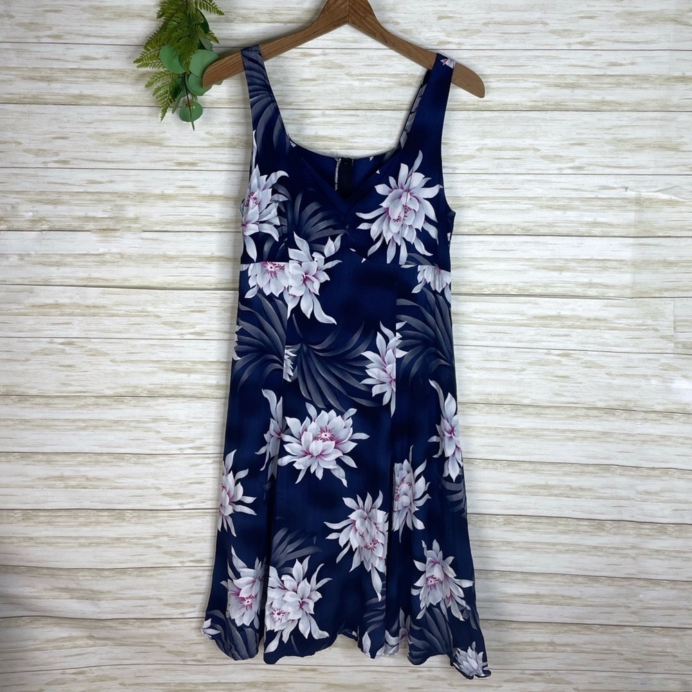 Vintage Hawaiian Two Palms Navy Blue Floral Ruched Chest Midi Dress